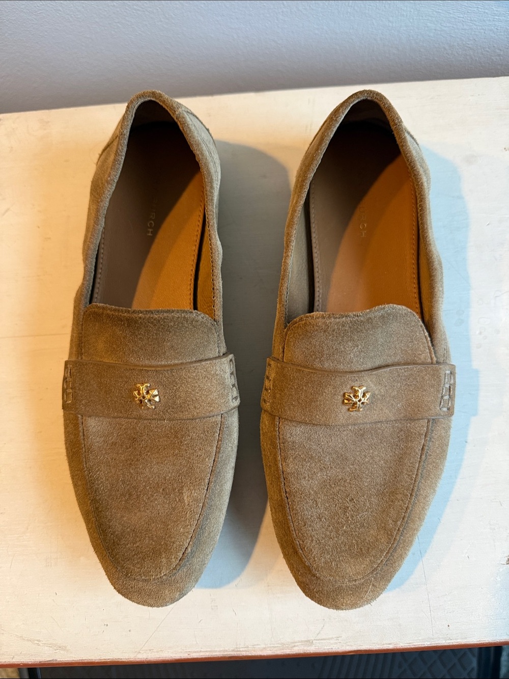 Tory Burch Tan Suede Loafers with Gold Logo